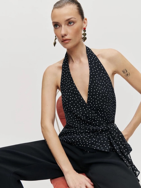 Reformation Tops - NWT REFORMATION Nila Black & White Polka Dot Halter Wrap Tank, Size M *RARE*